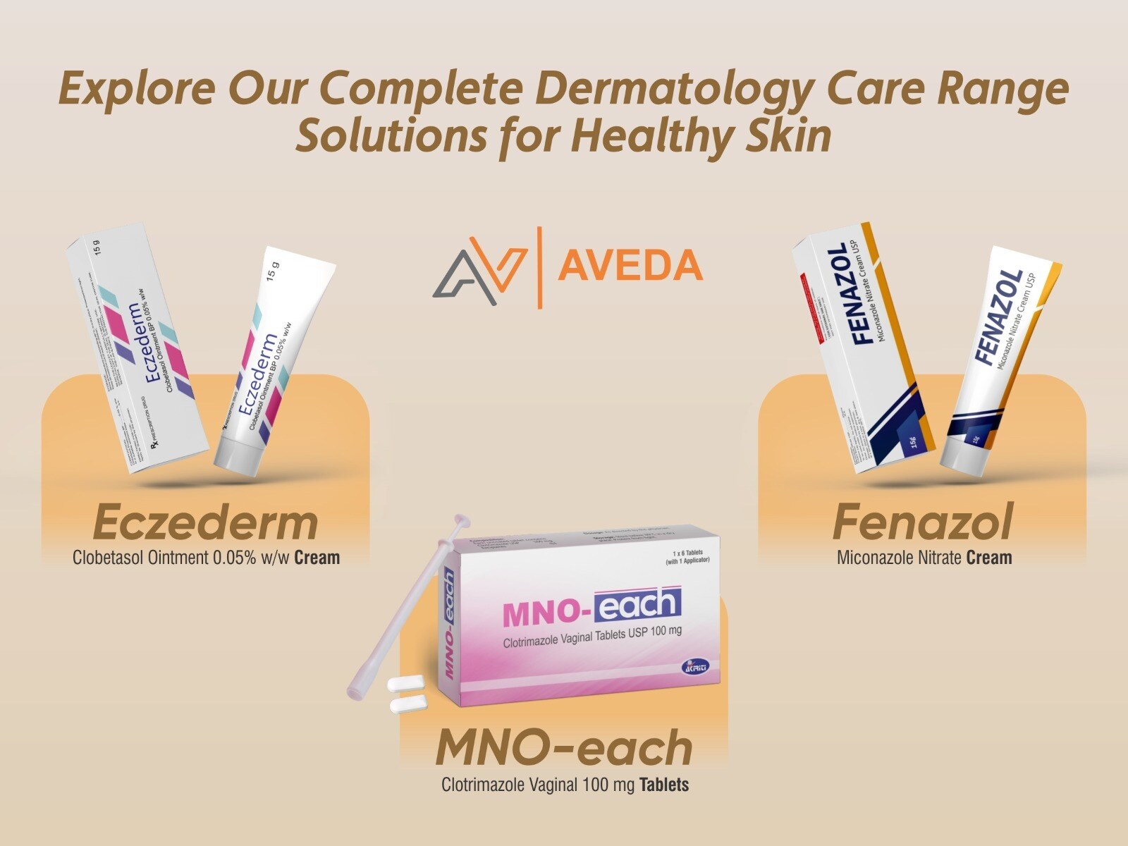 The Aveda dermatology range: Eczederm, MNO-each and Fenazol packs on a warm tan ground.